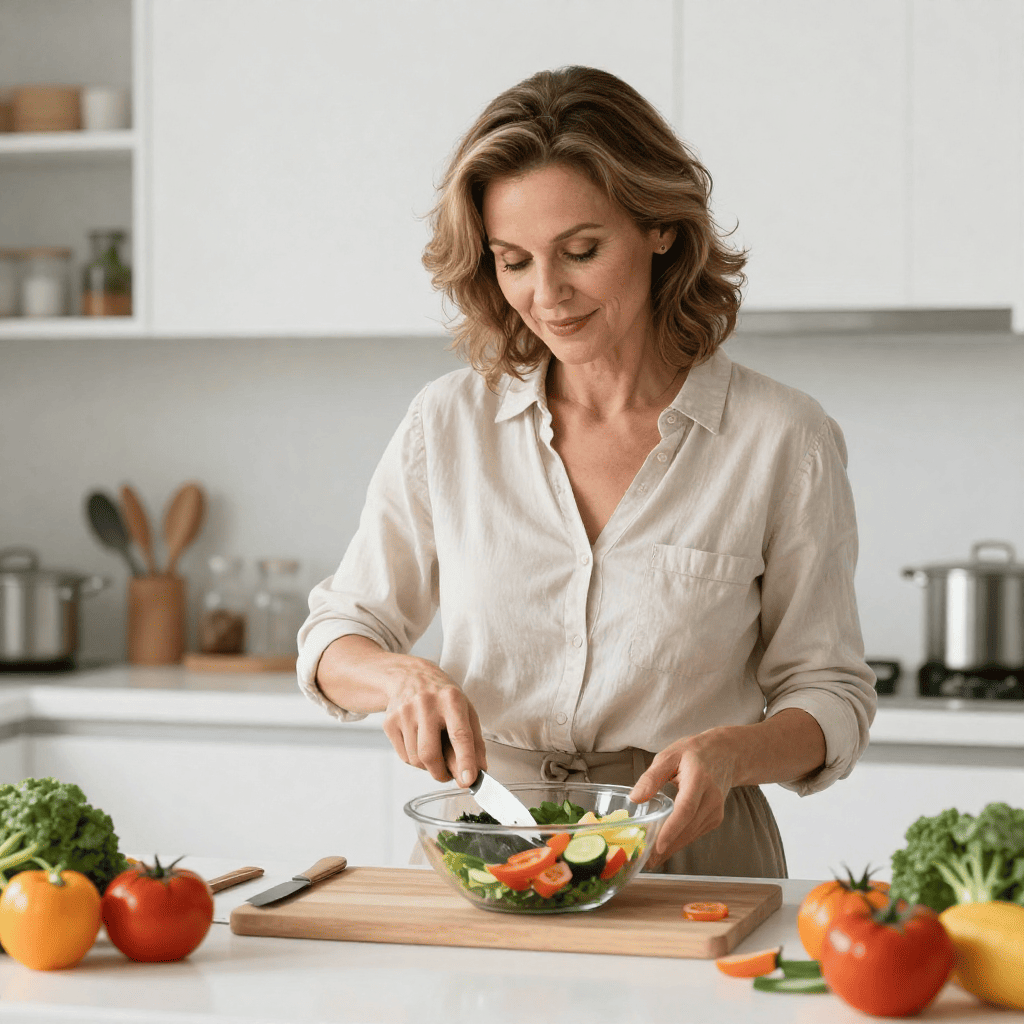 Mulher 40+ preparando alimentação saudável